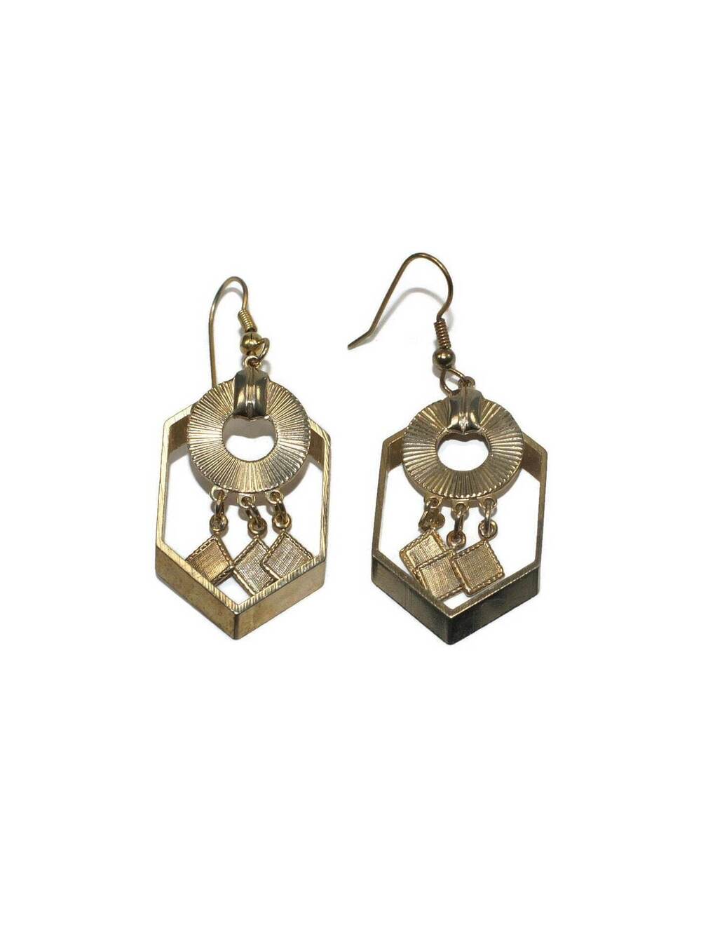 Vintage Gold Tone Geometric Dangle Earrings with Hook Backs for Pierced Ears.